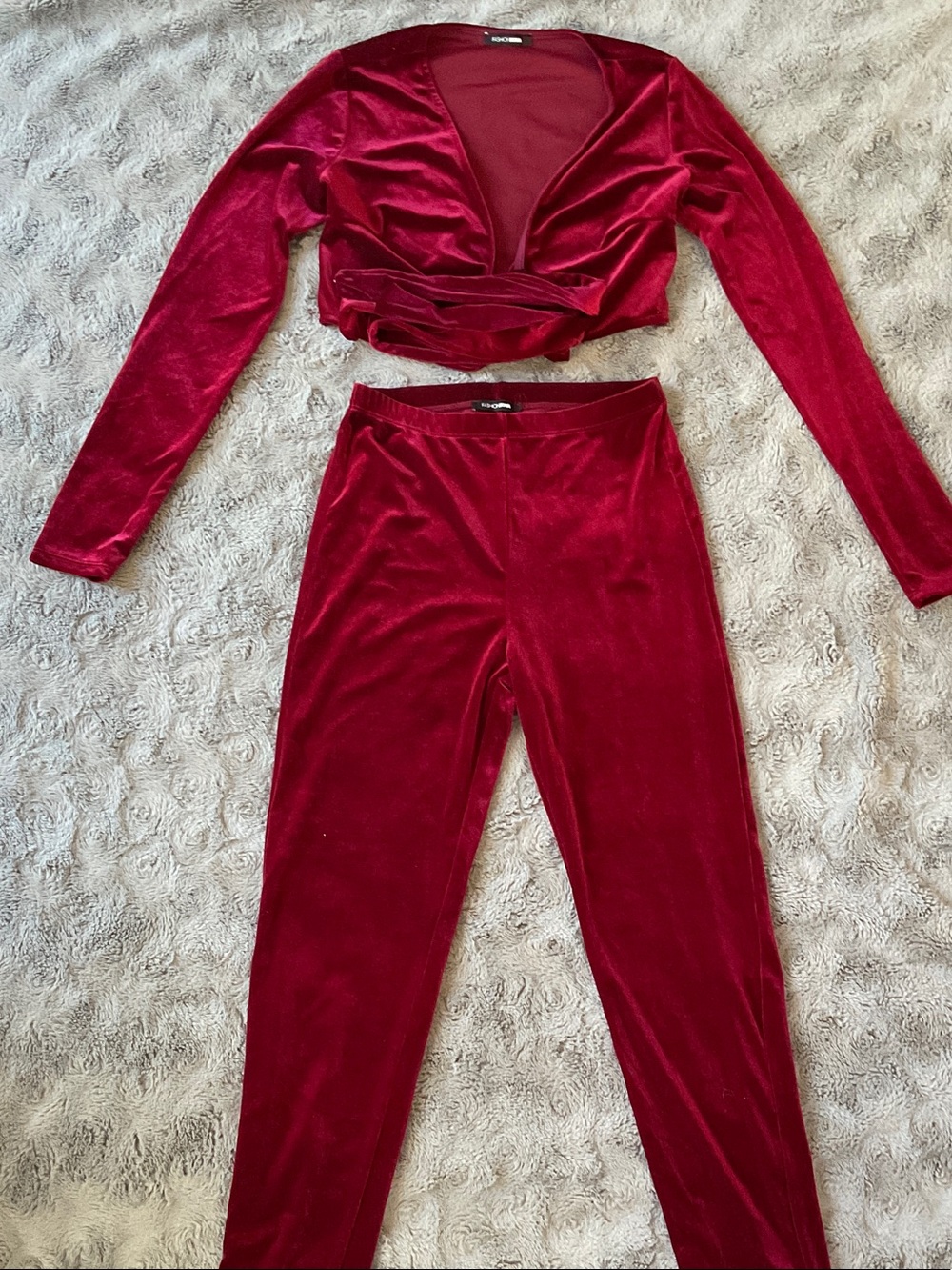 Deep Red Velvet Long Sleeve Crop Top & Leggings Set